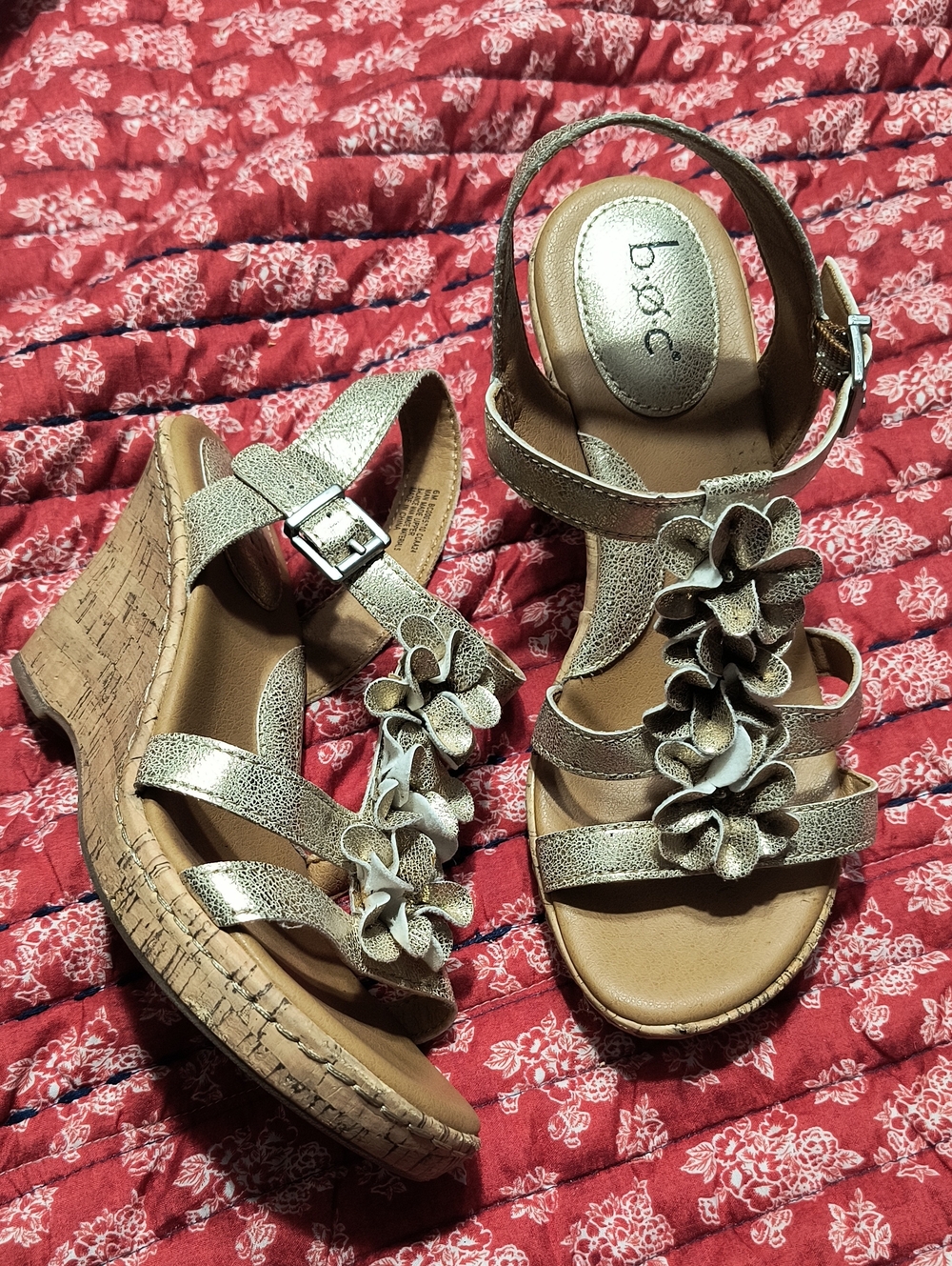 b.o.c. Metallic Gold Floral Cork Wedge Sandals